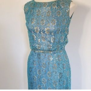 Vintage Silver, Gold & Teal Dress with Belt (S/M)